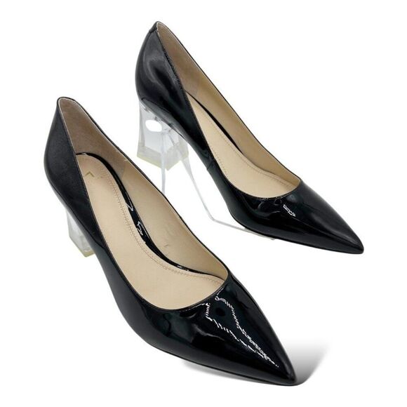 Marc Fisher Zala Black Patent Leather Poiinted Toe Pumps With Clear Acrylic Bloc - Picture 3 of 12